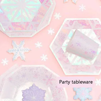 

New Year Christmas Disposable Tableware Symphony Snowflake Hexagon Dodecagon Paper Plate Cup Decoration Birthday Party ww102