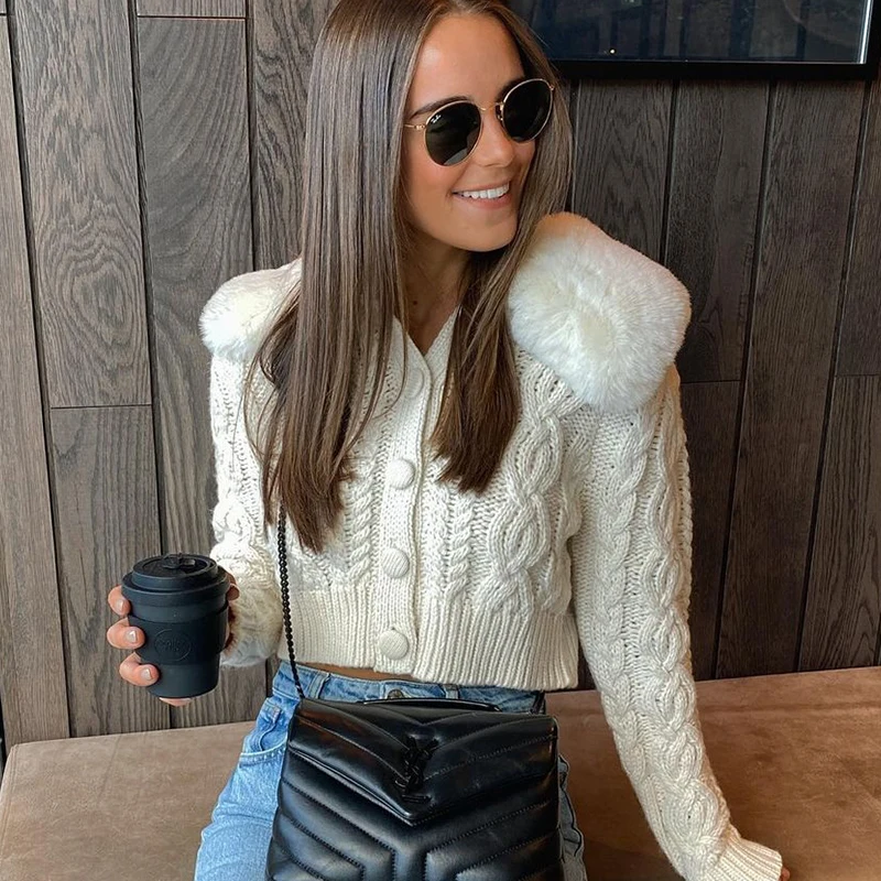

Ardm Za 2020 Women Jerseys Mujer Faux Fur Collor Cropped Knitted Cardigan Sweater Vintage Pull Femme Winter Clothes Women Tops
