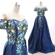 MACloth, темно-синее бальное платье с открытыми плечами, длина до пола, длинное вышитое Тюлевое платье для выпускного вечера, платье M 268324, распродажа