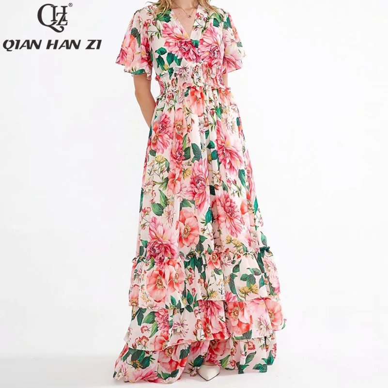 

Qian Han Zi 2020 new summer designer beach maxi dress Women's V-neck pink elegant flower print ruffled slim bohemian long dress