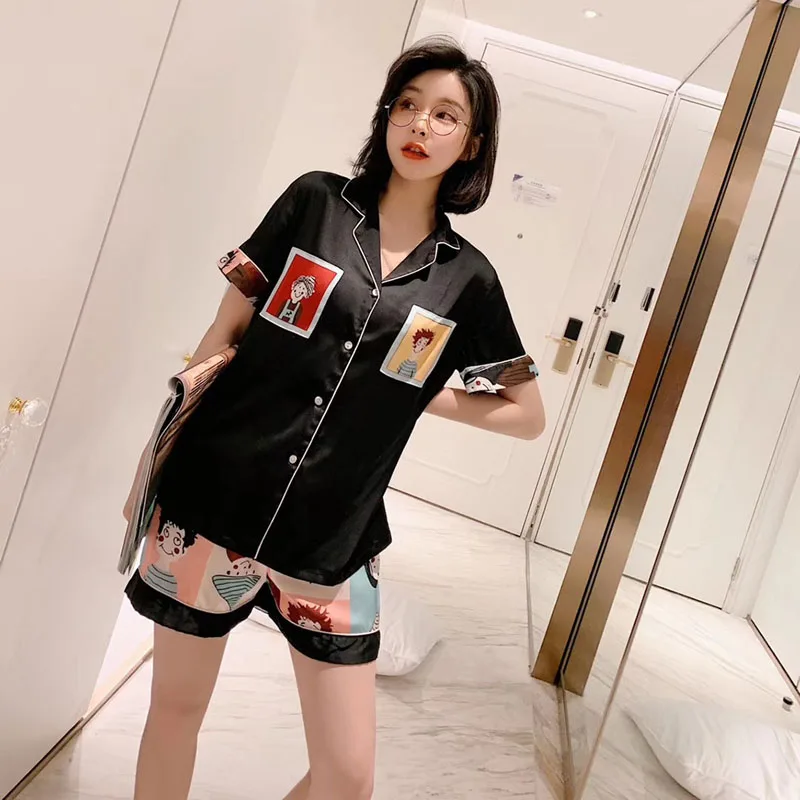 

Pajamas Women Spring And Summer Thin Section Short-Sleeved Cartoon Black Comfortable Cool Cute Two-Piece Shorts Home Suit