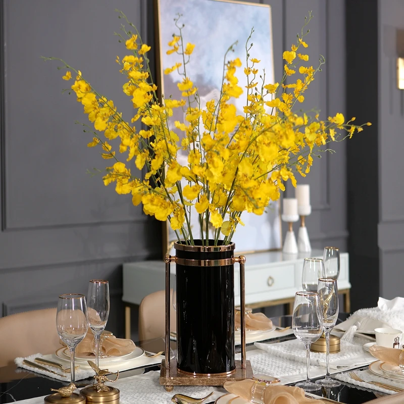 D Luxurious Modern Vase Black Glass Metal Vase Nordic Home Decoration Crafts Marble Vase For Flower Jarrones Decorativos Moderno - Color: D