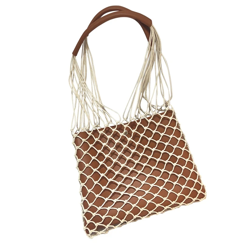 

FGGS-Casual Hollow Net Flap Bag Pu Leather Hollow Women Shoulder Bag Hemp Rope Woven Handbag Bohemian Beach Bag Lady Handbag