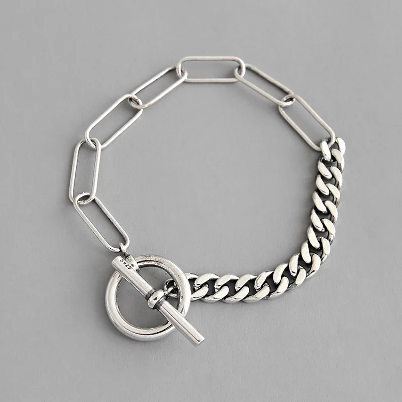 925 Sterling Silver Bracelet Bangle 2019 CHIC Retro Black Round Circle Chain Bracelets For Women Men Lovers' |
