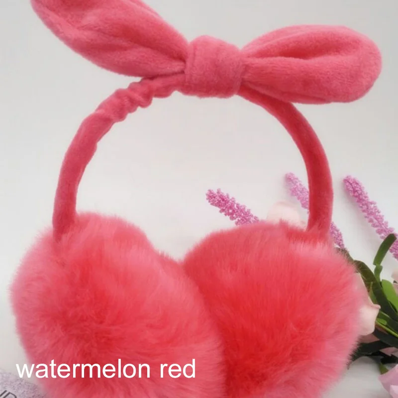 Милые имитация кроличий мех женские наушники карамельного цвета мягкие плюшевые теплые наушники с бантом для ушей теплые наушники для девочек ушные муфты - Цвет: Арбузно-красный