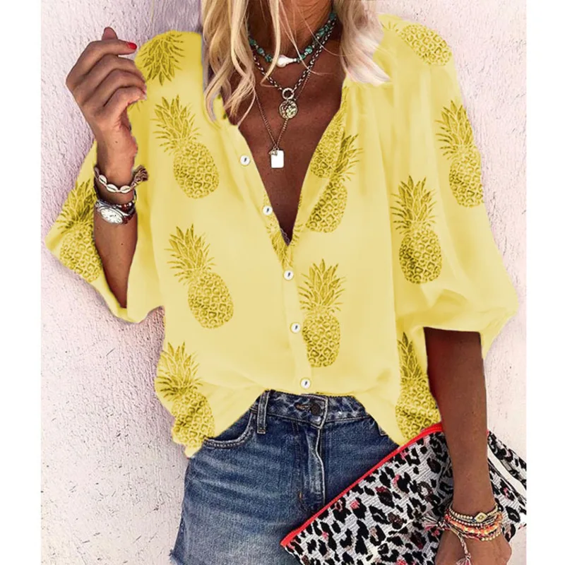 

Women Blouses Shirt Leopard Blouse Pineapple Print Long Sleeve V Neck Button Plus Size Vintage Ladies Office Shirts Tops