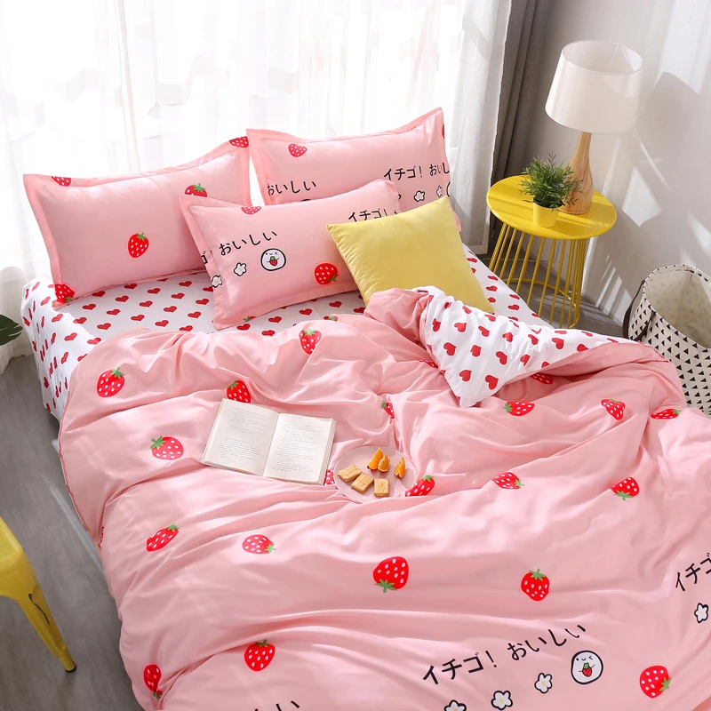 shabby chic bedding 3/4pcs Bedding Set Pink Strawberry Fashion Bed Sheets Queen Size Luxury Bedding Set bed Sheet Sets Duvet Cover Set King Size christmas duvet cover