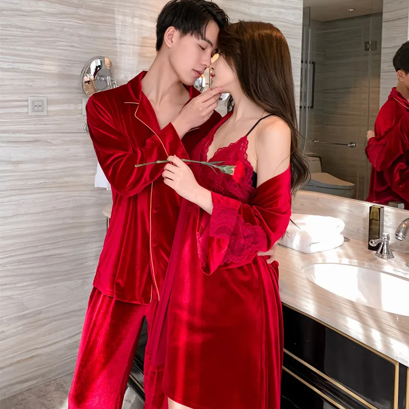Bridegroom Bride Wedding Robe Set Sleepwear Burgundy Velvet Couple
