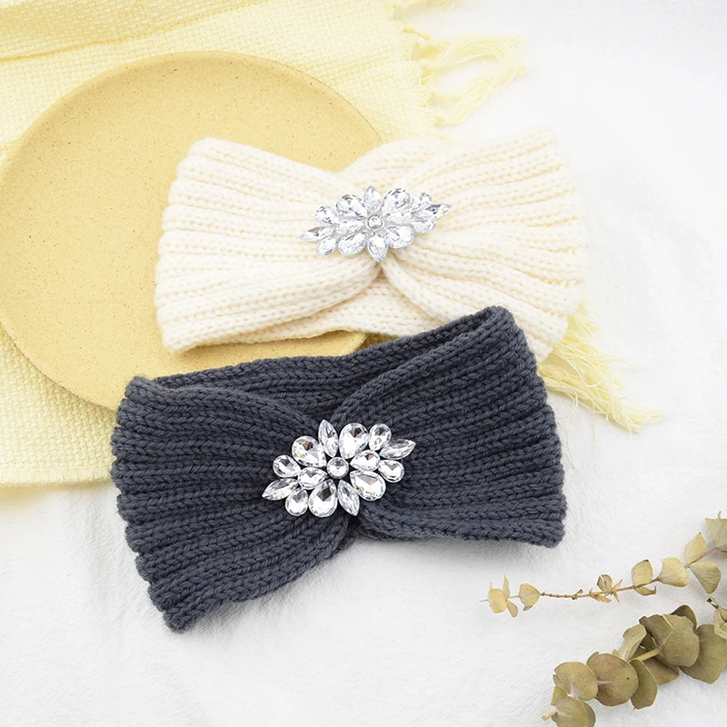 Winter Wide Knitted Headband Women New Clear Crystal Flower Twist Crochet Hair Band Head Wrap Rhinestone Ear Warmer Accessories headbands for women