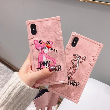 

Luxury Embroidery Pink Panther Square Silicone Phone Case For iPhone 11 Pro 6 7 8 Plus Cute Cartoon For iPhone X XR Xs Max cover