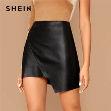 SHEIN однотонная Асимметричная юбка из искусственной кожи, Женская Весенняя юбка с завышенной талией и молнией спереди, женские сексуальные мини-юбки