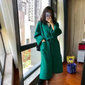 

Long Coat Jackets Wool Overcoat Sashes Warm Cardigan Outwear Loose Cloak with Pockets 2020 Women Vintage Winter 95% Cashmere