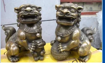 

zhmui8800626345<<+Chinese Classical Bronze Carved evil spirits Foo Dog guard Lion Pair statue