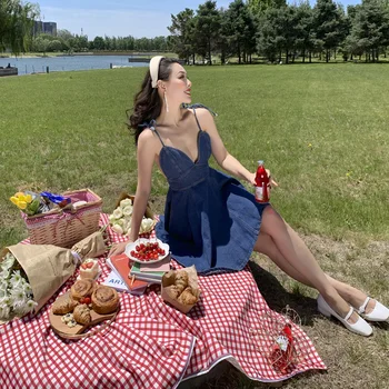 

2019 French Vintage Girl Cowboy Backless Sexy Spaghetti Strap Mini Dress