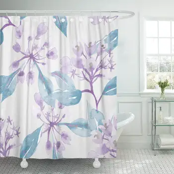 

Fabric Shower Curtain with Hooks Watercolor Floral Weigelas Flower Purple Abstract Blossom Botanical Botany Branch