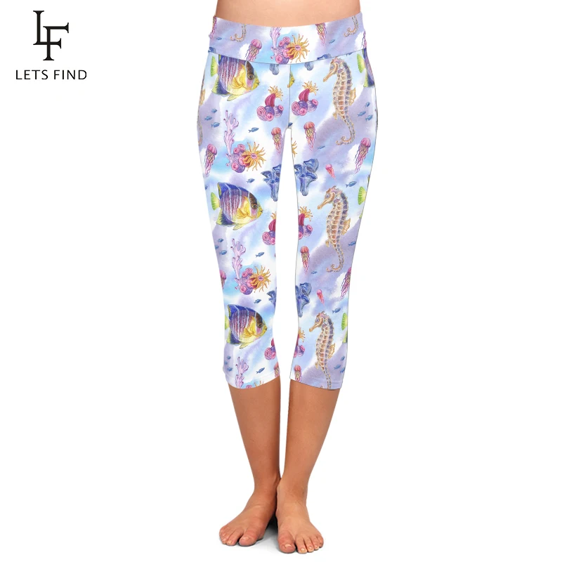 LETSFIND Plus Size Women Workout Leggings New Sea Animals, Seahorses Pattern Milk Silk Print Slim Elastic Capri Leggings LETSFIND Plus Size Women Workout Leggings New Sea Animals, Seahorses Pattern Milk Silk Print Slim Elastic Capri Leggings