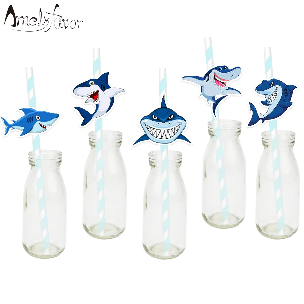 

Shark Theme Party Paper Sticker Straws 25PCS Under the Sea Drinking Straws Baby Shower Event Birthday Party Decorations Supplies