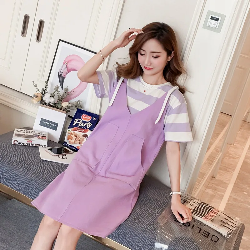 

2018 Summer New Style Stripes Short Sleeve T-shirt Fashion Suspender Skirt Maternity Clothes Two-Piece Set Fashion Loose-Fit Lar