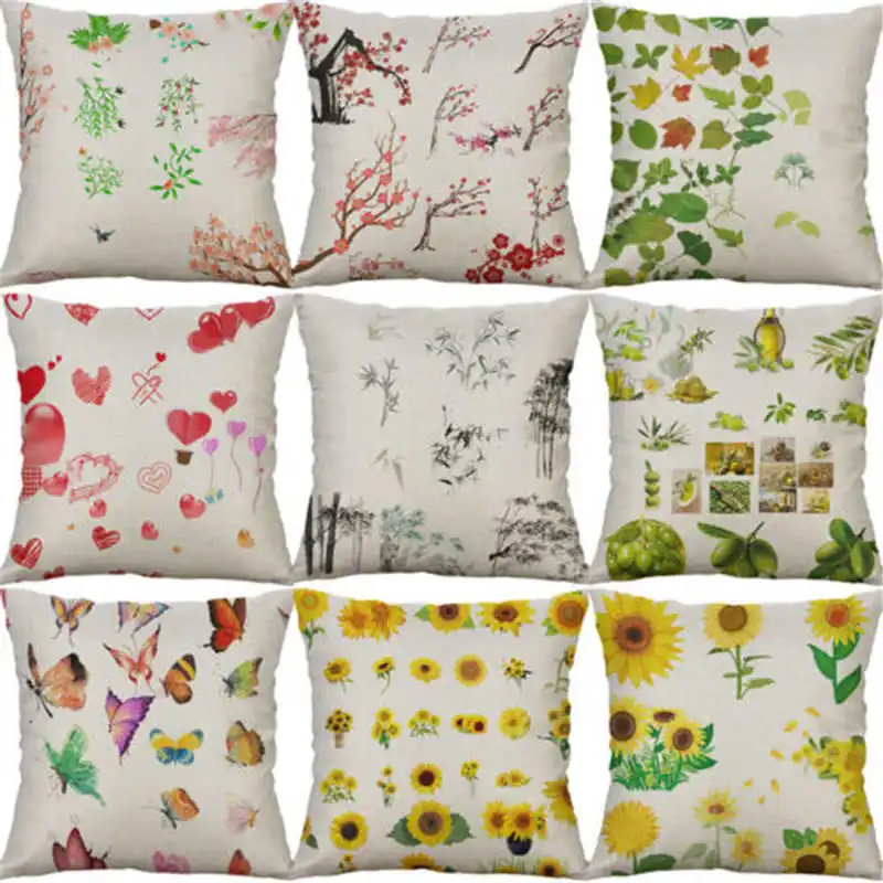 

Plant Flower Leaf Fruit Cushion Cover 18" Home pillow Print Butterfly Decor Cotton Linen Blossom Pillow Case 45*45 cm