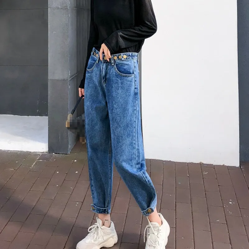2019 Women Casual Blue Pockets Denim Pants Korean High Waisted Jeans ...