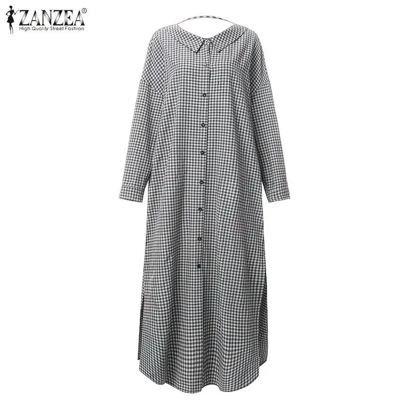 ZANZEA, женский длинный кардиган,, для офиса, для девушек, хлопок, лен, в клетку, длинная рубашка, блузка, повседневная, с отворотом, на пуговицах, туника, топы, блузы