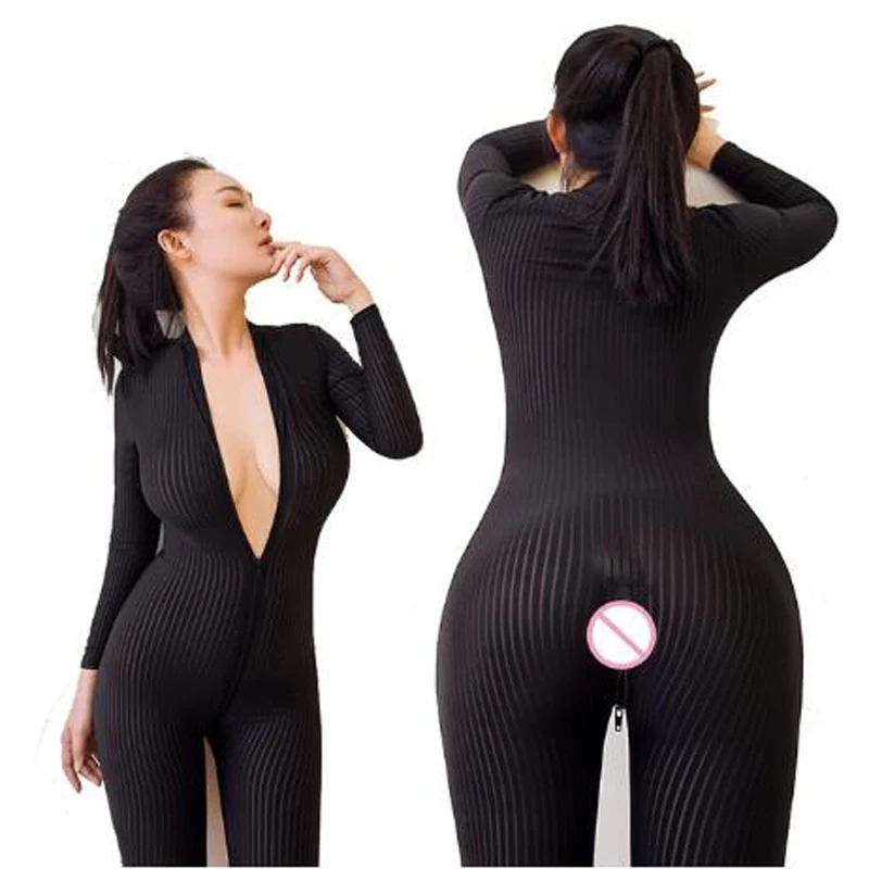Open Crotch Black Striped Sheer Bodystocking Bodysuit Erotic Lingerie for Women Sexy Double Zipper Long Sleeves Jumpsuit Open Crotch Black Striped Sheer Bodystocking Bodysuit Erotic Lingerie for Women Sexy Double Zipper Long Sleeves Jumpsuit