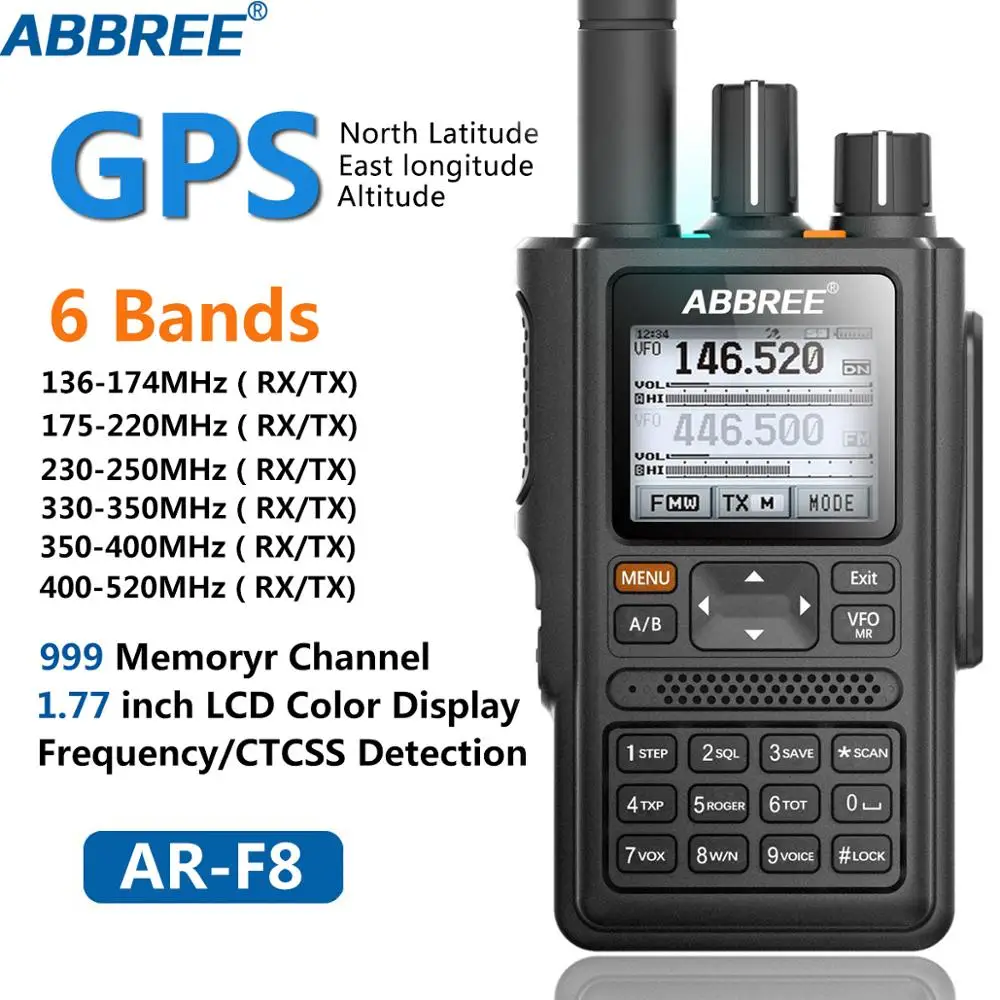 ABBREE AR F8 GPS 6 полос (136 520 МГц) 8 Вт 999CH многофункциональная VOX DTMF SOS ЖК Цветная