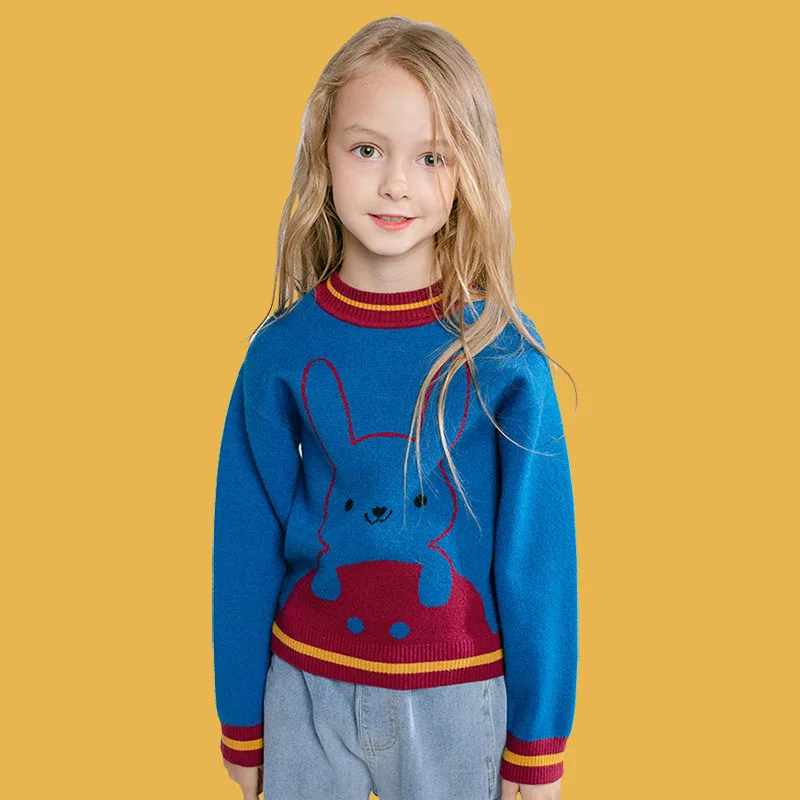 Bongawan/свитер для девочек модная повседневная одежда синего цвета в полоску с изображением кролика для детей 3-8 лет на осень и зиму, Рождественская одежда