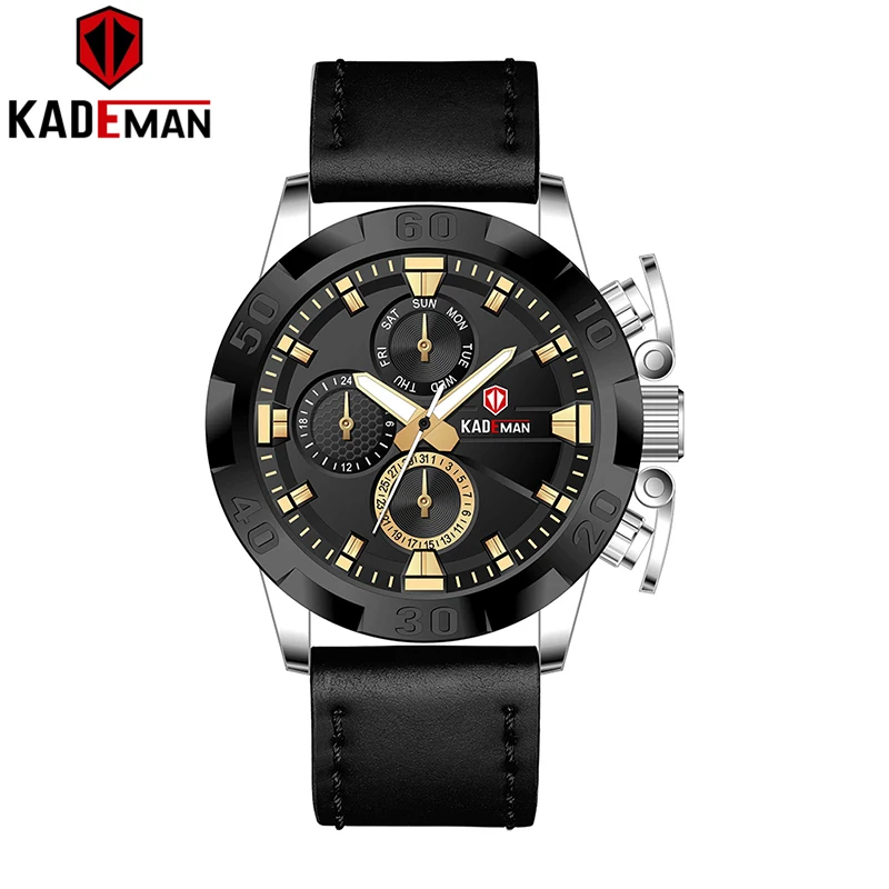 Relogio Masculino KADEMAN мужские часы люксовый бренд мужские часы кожаный ремешок наручные часы Хронограф Военная неделя Дата кварцевые - Цвет: Silver Yellow
