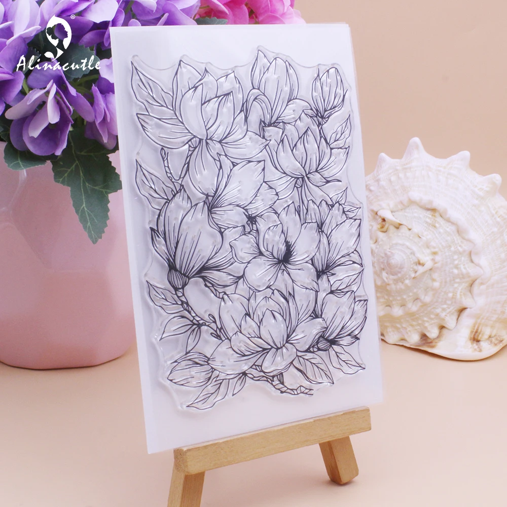 Clear stamps Alinacutle Clear Stamps Large Magnolia Bloom Floral DIY Scrapbooking Card Album Paper Craft Rubber Transparent Silicon Stamps
