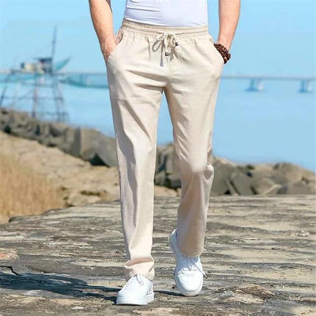 Buy Enjoybuy Mens Summer Cotton Linen Long Casual Pants Elastic Waist Loose  Fit Beach Pants at Amazon.in
