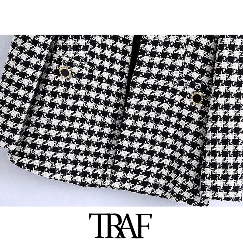 TRAF Women Fashion Tweed Houndstooth Blazer Coat Vintage Long Sleeve Welt Pockets Female Outerwear Chic Veste 4