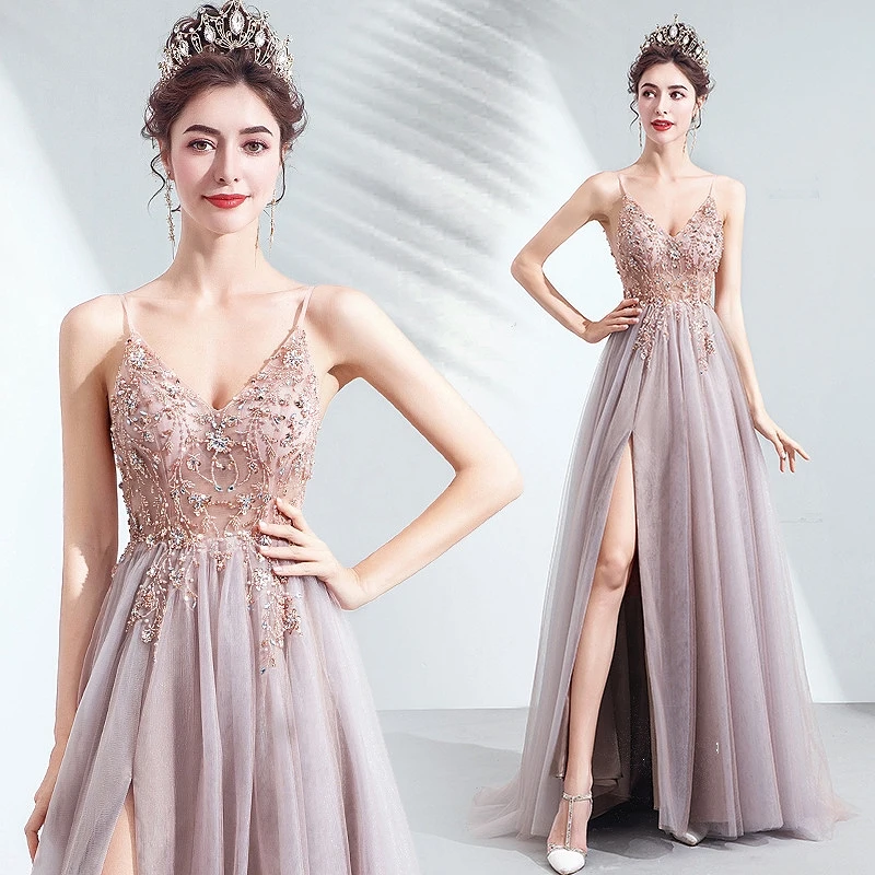 

Elegant Prom Dresses Beading Dusty Pink High Split Spaghetti Strap V-Neck A-Line Backless Banquet Ladies Celebrity Gown 2023 New