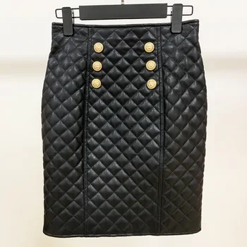 

OLDSKHigh-End Pointed Goods . New Popular Classic Lion Buckle Stitching Rhombus Leather Zipper High Waist Skirt