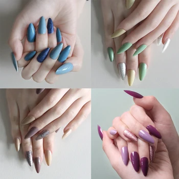

24Pcs Wholesale Stiletto Long Fake Nails Black Wine Red Frosted Press On Nails Coloured White Black Peacock blue False Nails