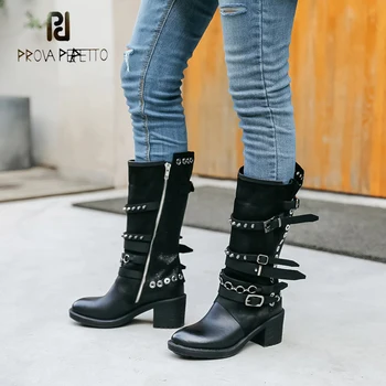 

Prova Perfetto Fashion Genuine Leather Zipper Side Motorcycle Boots Rivet Stud Belt Buckle Round Toe Thick Bottom Short Boots