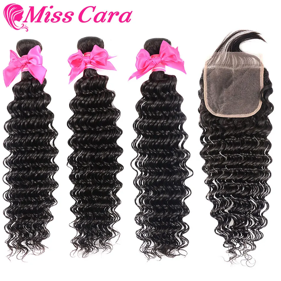

Peruvian Deep Wave 3/4 Bundles With Free/Middle Part Closure 100% Human Hair Bundles With Closure Miss Cara Remy Hair Weaves