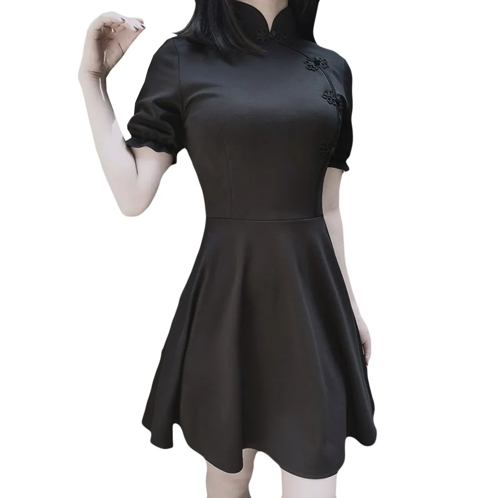 

Fashion Dress Women Solid Color =Short Sleeve O-Neck Dresses Retro Vintage Punk High Neck Party Evening Dress Lady Sundress