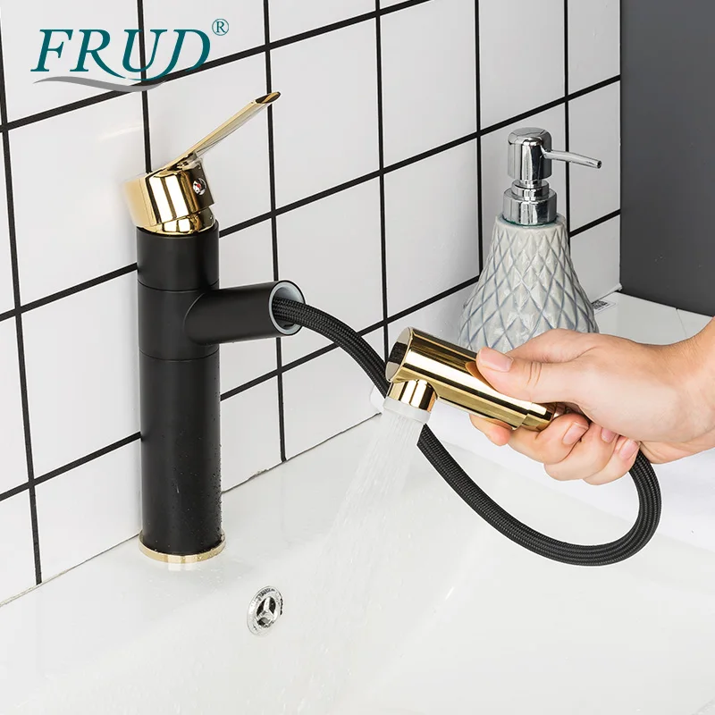 FRUD Pull Out Basin Faucet Bathroom Sink Faucet Single Handle Hot Cold Water Tap Deck Mount Waterfall Bathroom Faucet Gold Black