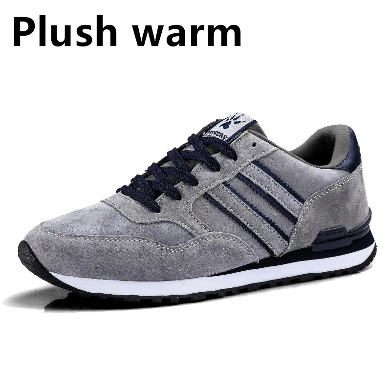 Мужские кроссовки из натуральной кожи, повседневная обувь, нескользящая уличная прогулочная обувь, плюш, теплый светильник, резиновая подошва, шнуровка - Цвет: Grey Plush lining