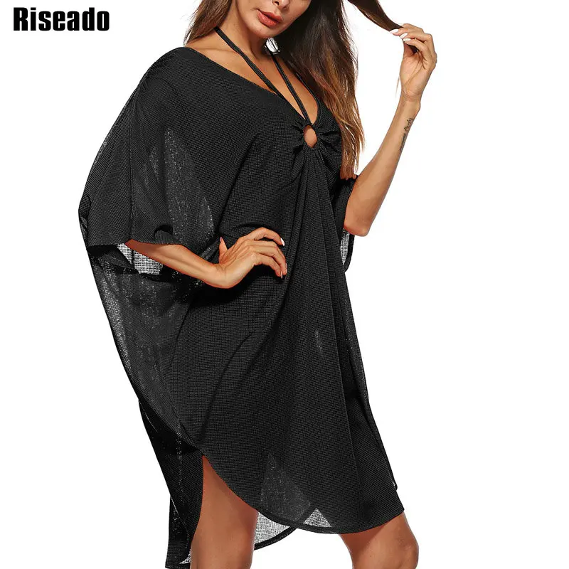 Riseado, сексуальное длинное пляжное платье с лямкой через шею, с рукавом до локтя, купальники, сплошной купальник, женский черный купальник, пляжный летний костюм