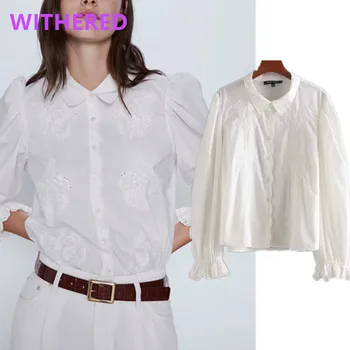 

Withered spring indie folk vintage embroidery poplin simple cotton blouse women blusas mujer de moda 2020 kimono shirt plus size