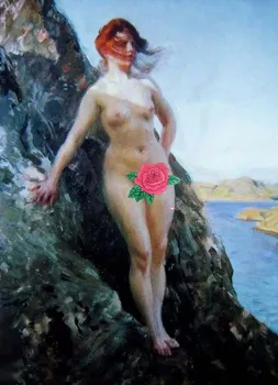 

Good art hand drawn on canvas: fascinating body art. A female model standing on the edge of a cliff