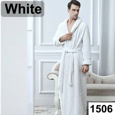 Men Winter Extra Long Knitted Waffle Flannel Coral Fleece Bathrobe Male Full Sleeve Kimono Bath Robe Women Warm Dressing Gown mens silk pajamas Men's Sleep & Lounge