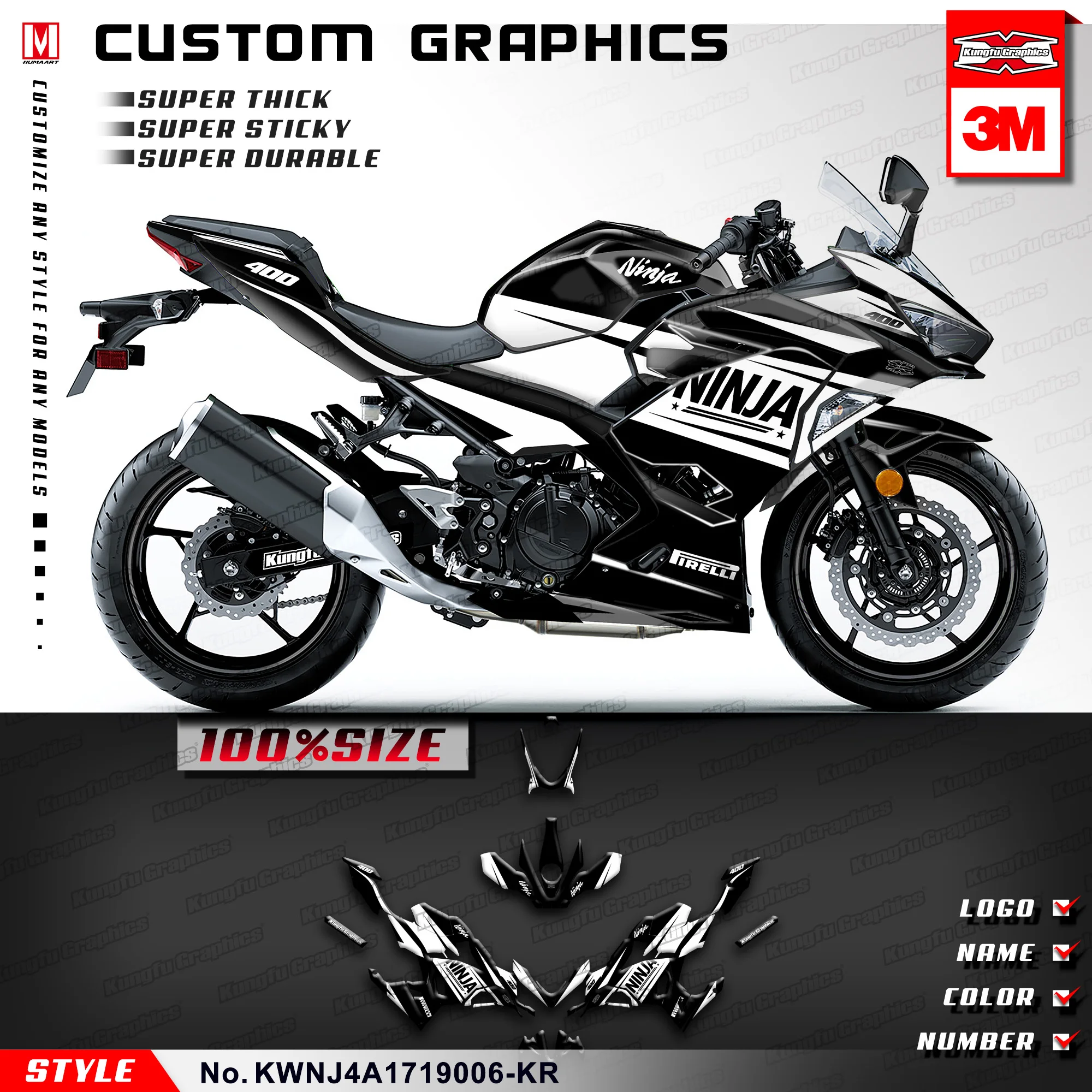 Набор водонепроницаемых наклеек KUNGFU GRAPHICS для Ninja 400 ABS Ninja400 2017 2018 2019 2020 черно-белый