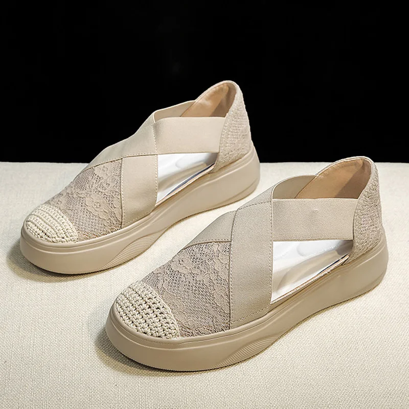 

Platform Sandals Woman Summer Sandal Low Shoes Fashion Sandals Women Retro Sewing Mesh Flats Elastic Bandage Casual