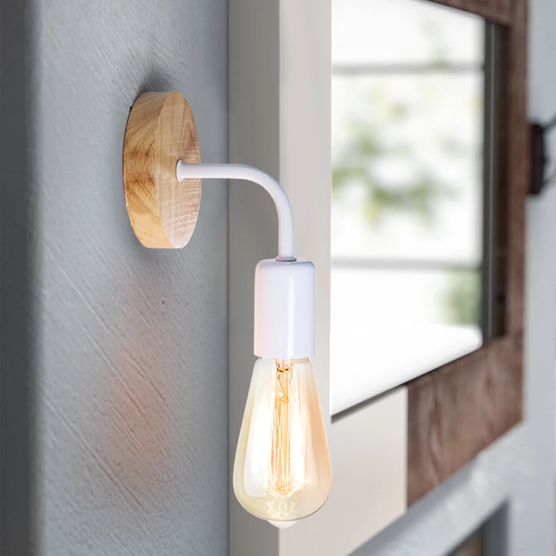 2Pcs/lot Vintage Wood Wall Lamp E27 Light Bulb Retro Industrial Wall Light Fixture For Home Loft Living Room Bedside Lamp Sconce 5