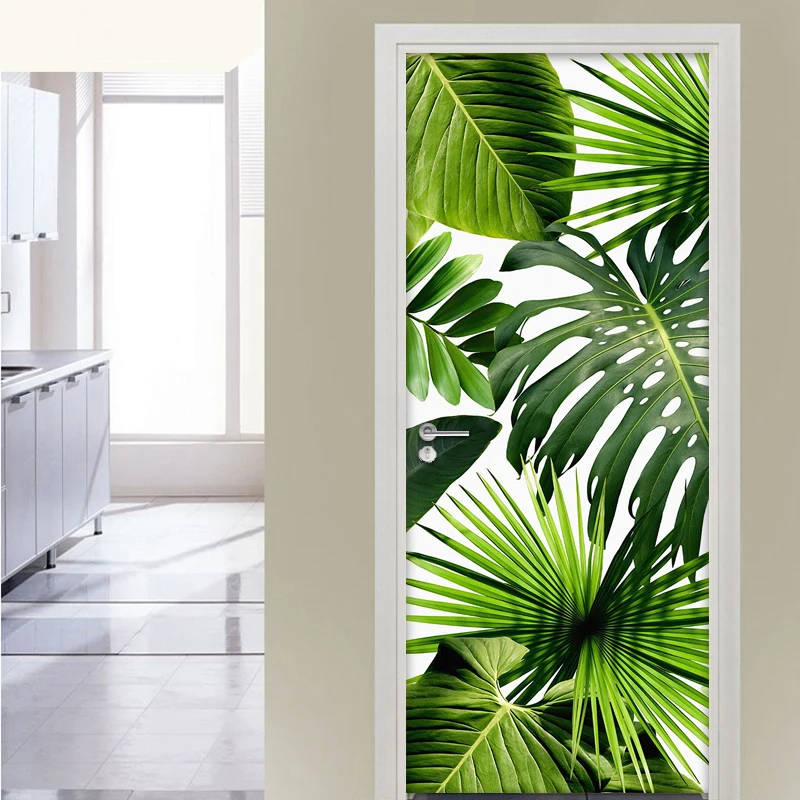 DIY Self-adhesive Waterproof Door Sticker Green Leaf Wall Decals Mural Living Room Kitchen Restaurant PVC Vinyl Door Wallpaper