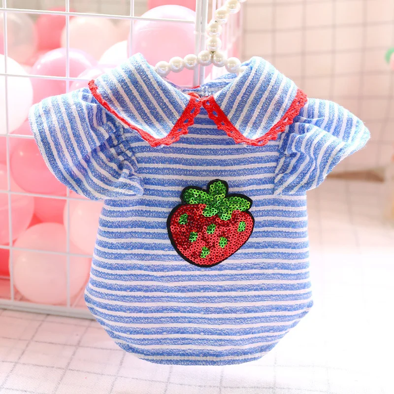 

Spirng Summer Dog Clothes Blue Bar Strawberry Pets Outfits Warm Clothes for Small Dogs Costumes Coat Jacket Puppy Shirt Dogs