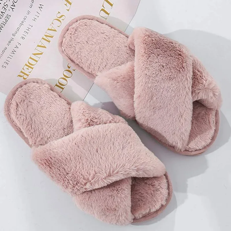 Chaussure Femme Winter Women House Slippers Faux Fur Fashion Warm Shoes Woman Slip on Flats Female Slides Black Pink Home Furry